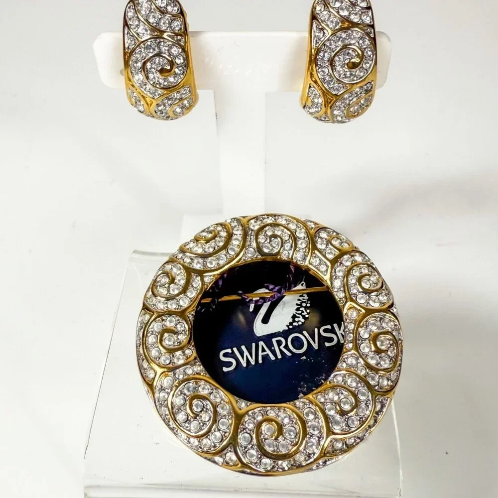 Swarovski Gold Tone Swirl Design Brooch & Clip-On Earrings Set Clear Crystals - Picture 1 of 8